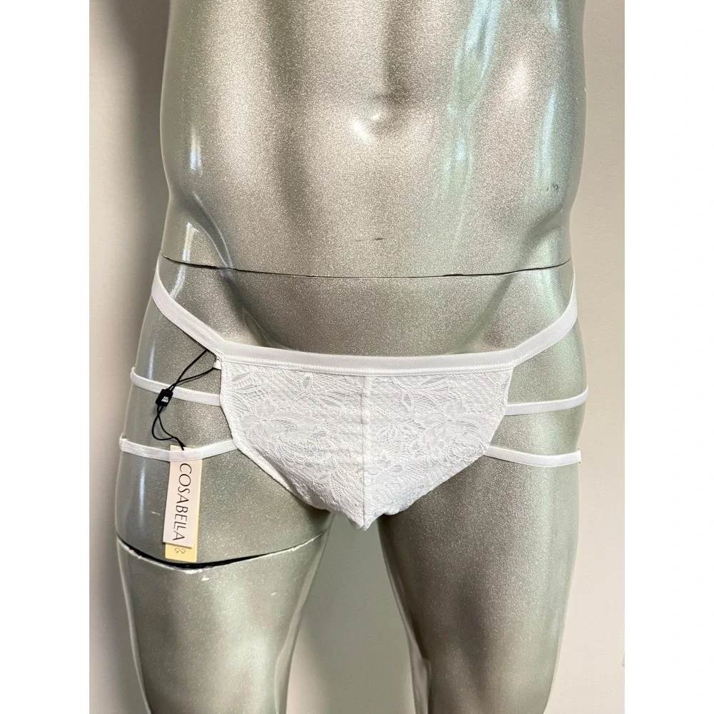 Cosabella Mens White Never Say Never Strappy Lace Thong Adjustable Gold Hardware